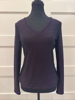 White House Black Market Shimmer V-Neck Long Sleeve Top - Deep Purple